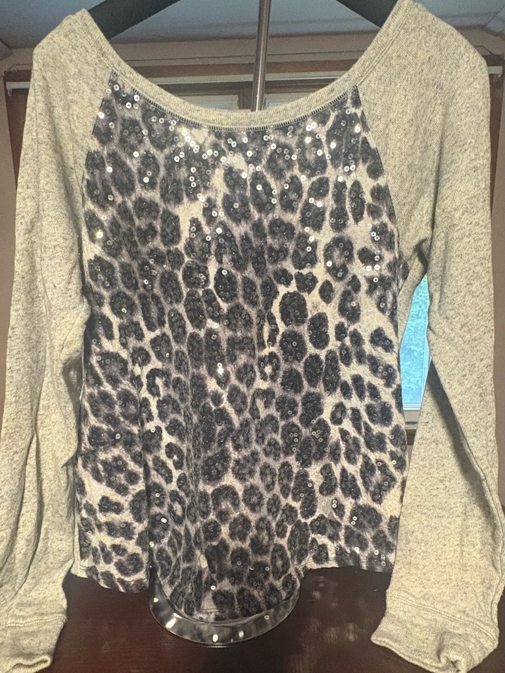 Express Love Grey Leopard Print Sequin Raglan Long Sleeve Sweater Size M